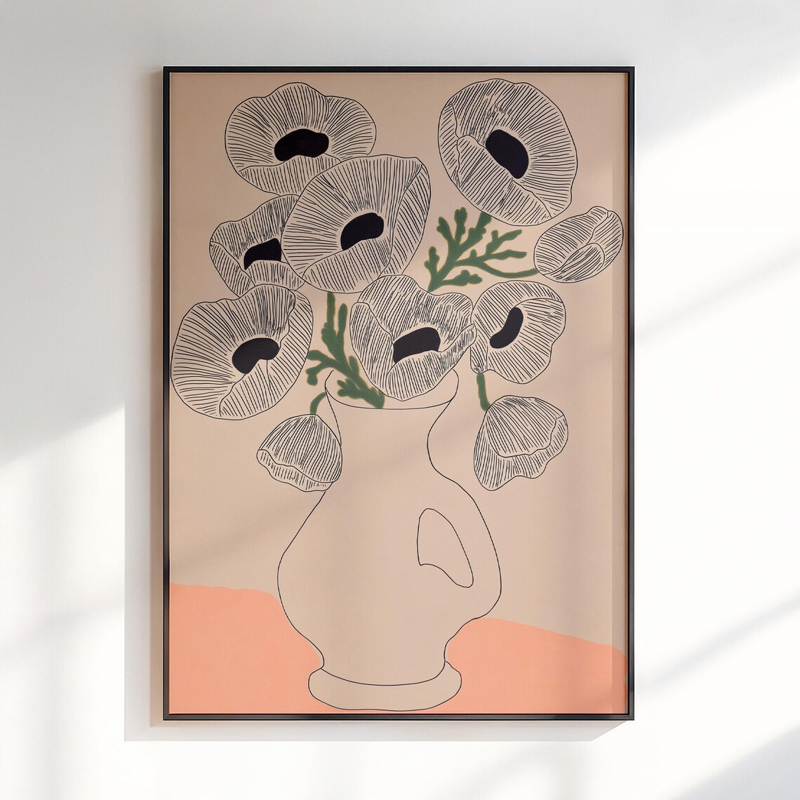 Hand Drawn Poppies In Beige Vase Minimal Modern Floral Poster