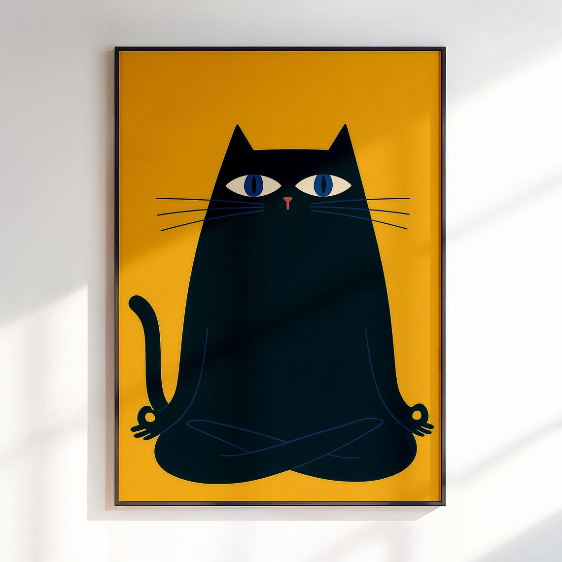 Black Cat In Lotus Meditation Pose On Rich Mustard Yellow Poster