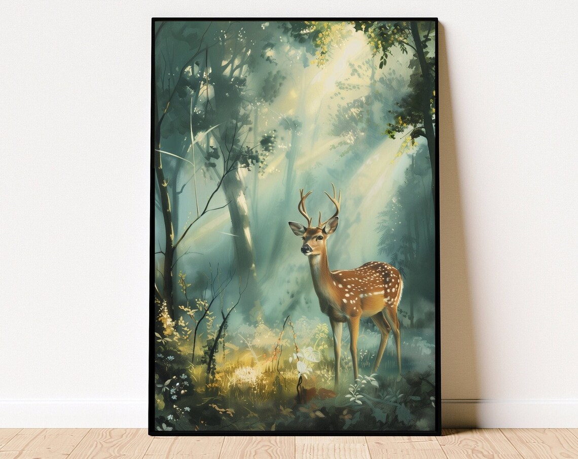 Spotted Deer in a Sunlit Misty Forest in Watercolor Style Poster