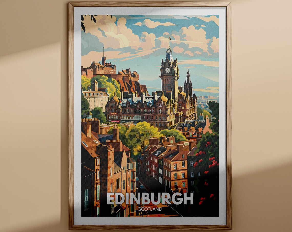 Edinburgh Castle Clock Tower Princes Street Scotland Scene Poster