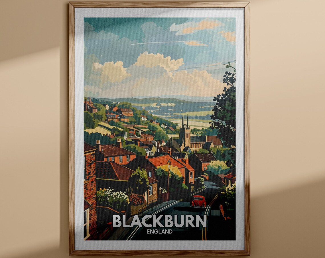 Blackburn England Town Panorama Rooftops Church Classic Travel Poster