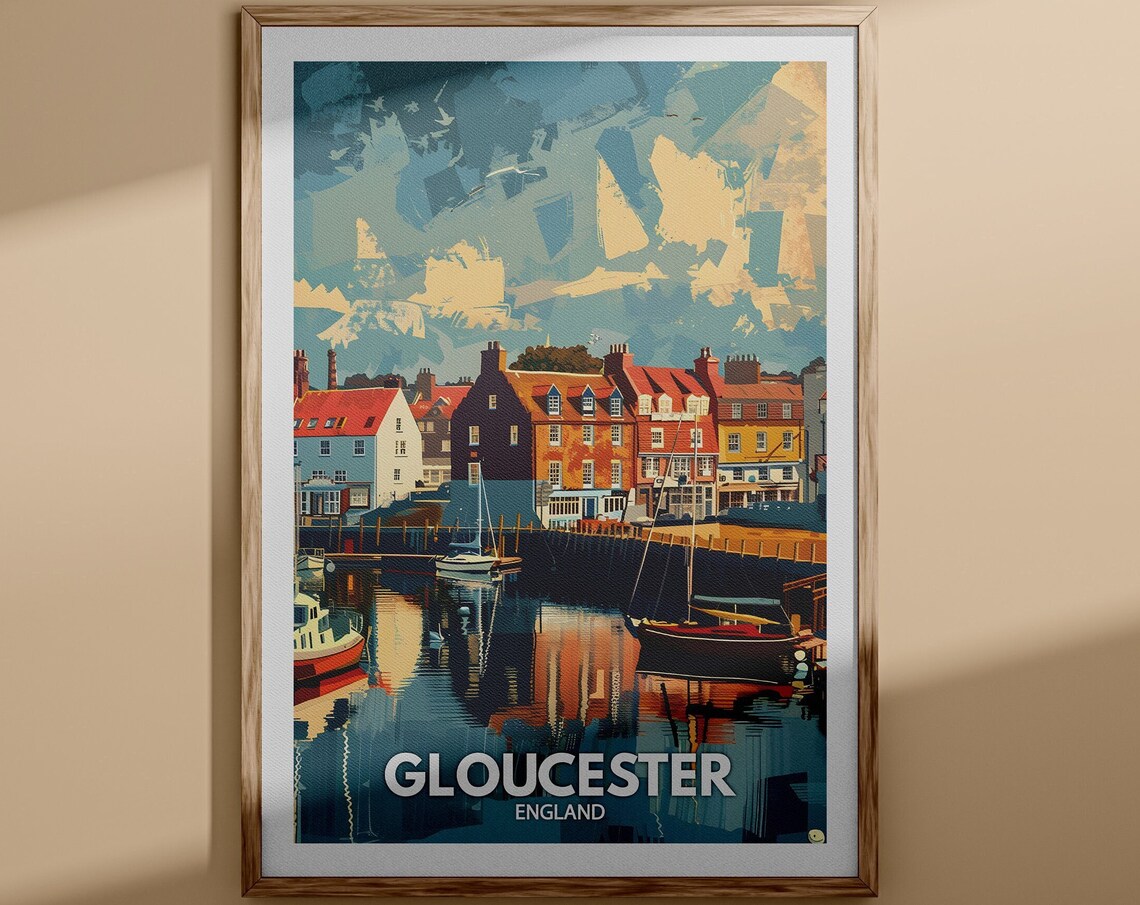 Gloucester England Harbor Colorful Waterfront Town Travel Poster