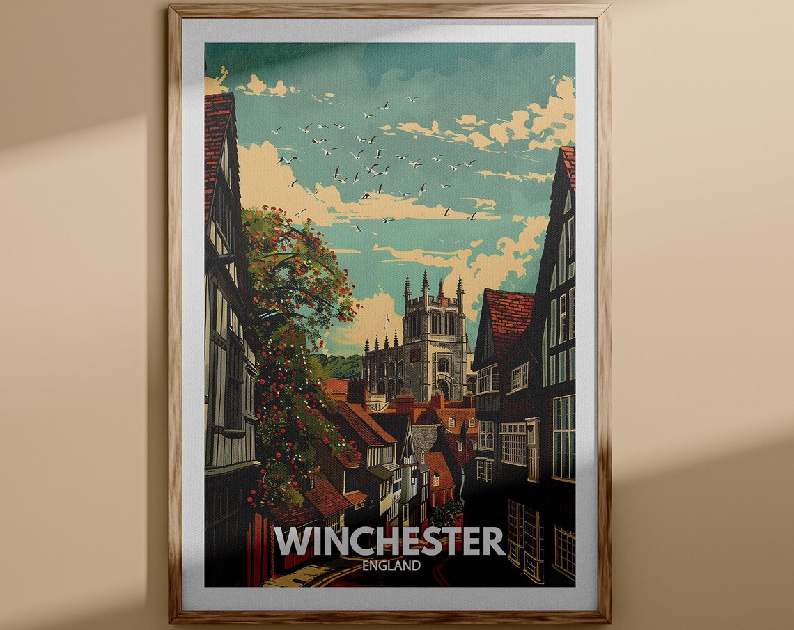 Winchester England Cathedral View Timbered Street Travel Poster