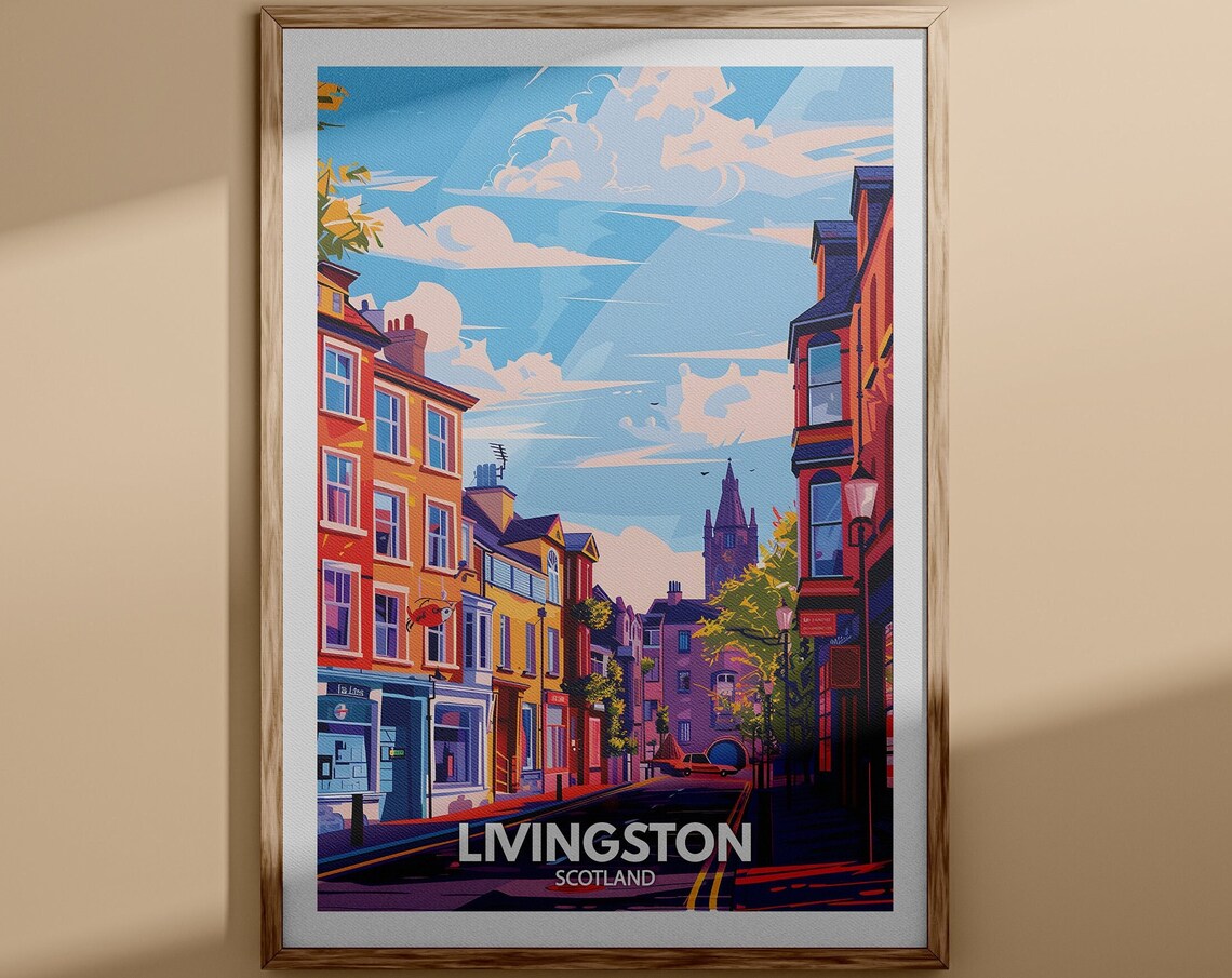 Livingston Scotland Colourful Street Scene Tower Sunset Poster