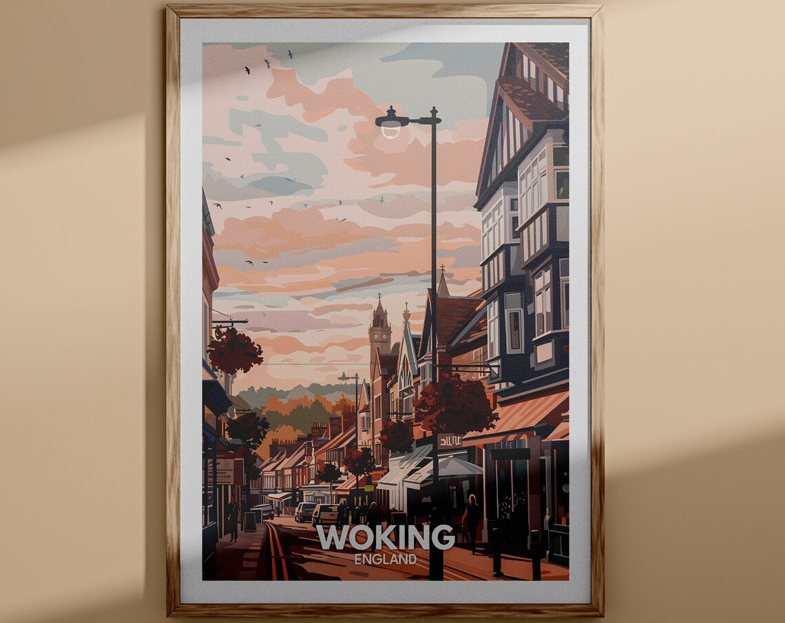 Woking England Sunset High Street Shops Evening Glow Vintage Poster