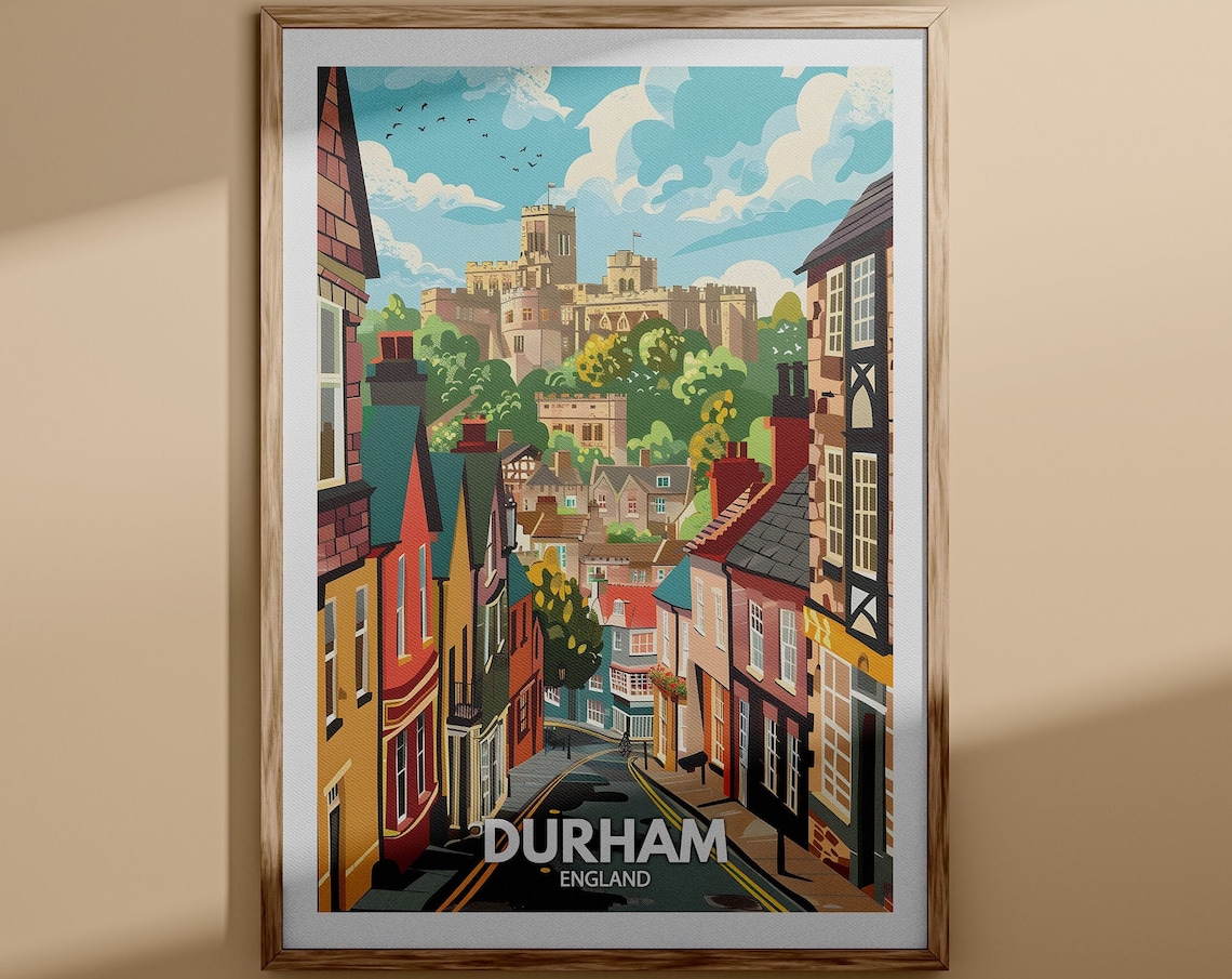 Durham England Travel Poster Castle Hill Historic Street Scene