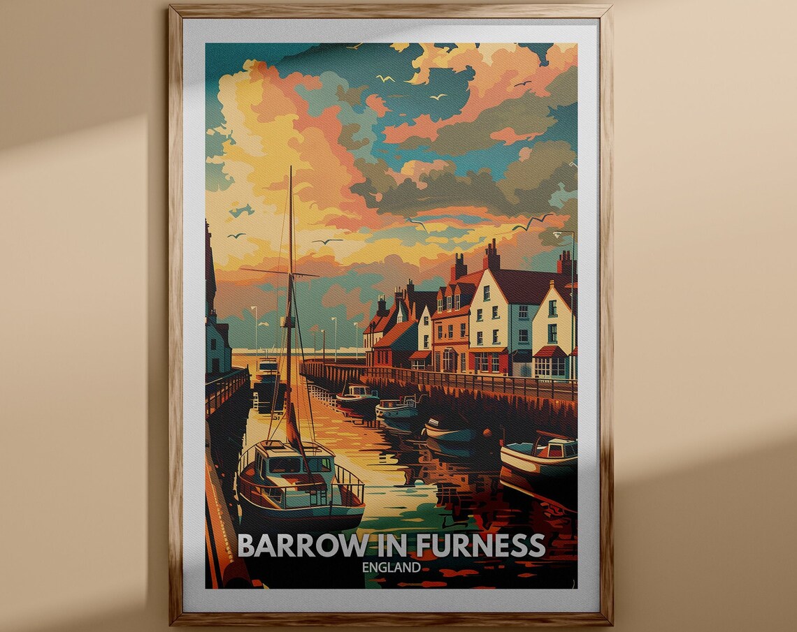 Barrow in Furness England Glowing Sunset Harbor Boats Poster