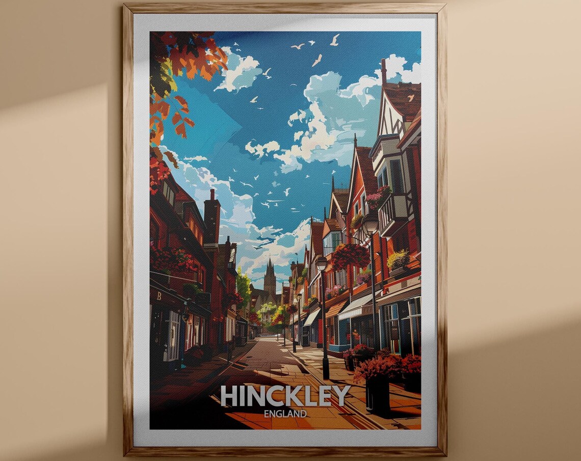 Hinckley England Charming High Street Autumn Sunshine Poster
