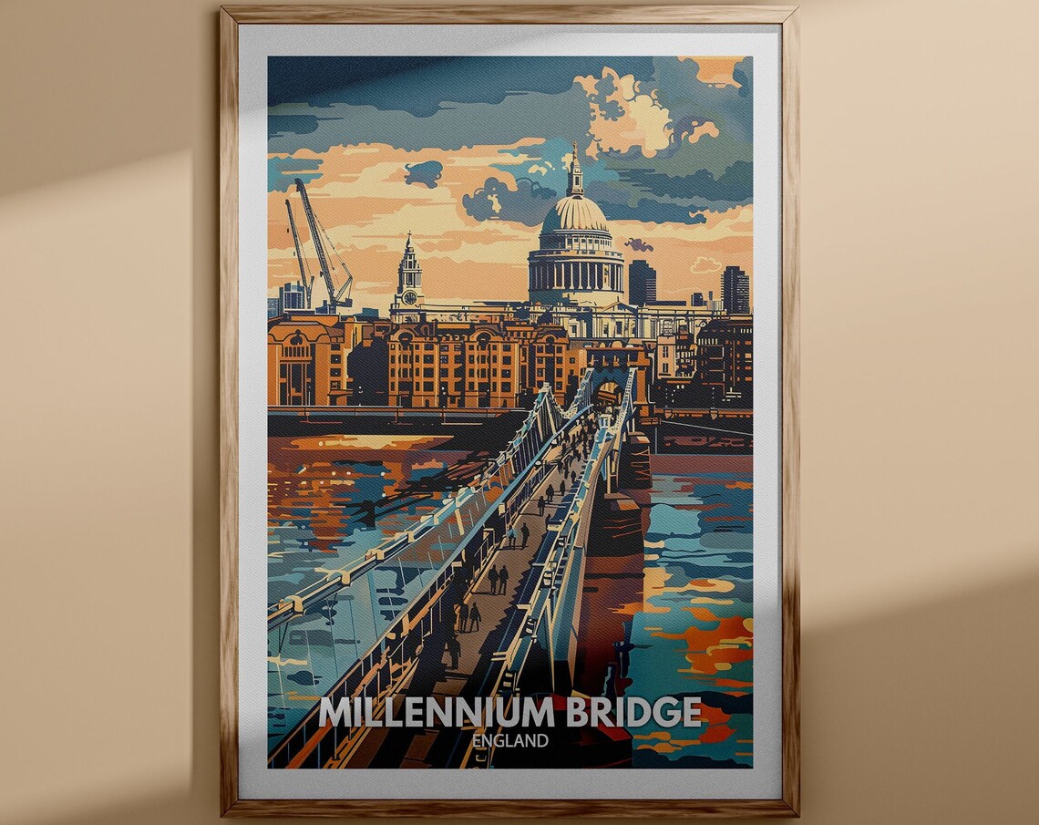 Millennium Bridge London Travel Poster Thames Sunset St Pauls View