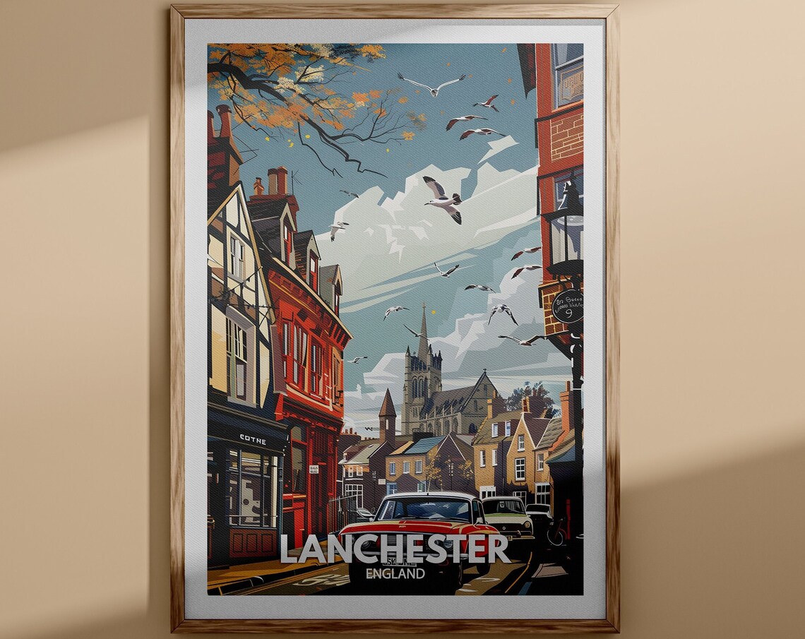 Lanchester England Seagull Sky Old Town Church Tower Travel Poster