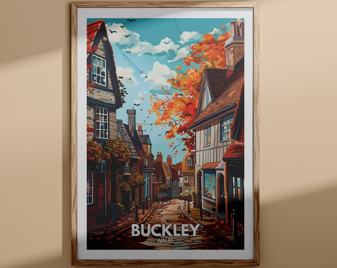 Buckley Wales Autumn Street Historic Houses Golden Leaves Poster
