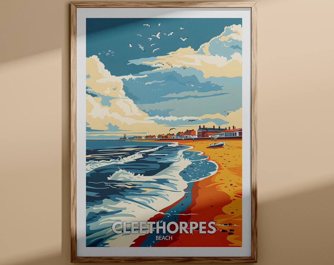 Cleethorpes Beach Travel Poster Rolling Waves Pier Seagulls Scene