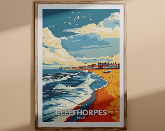 Cleethorpes Beach Travel Poster Rolling Waves Pier Seagulls Scene