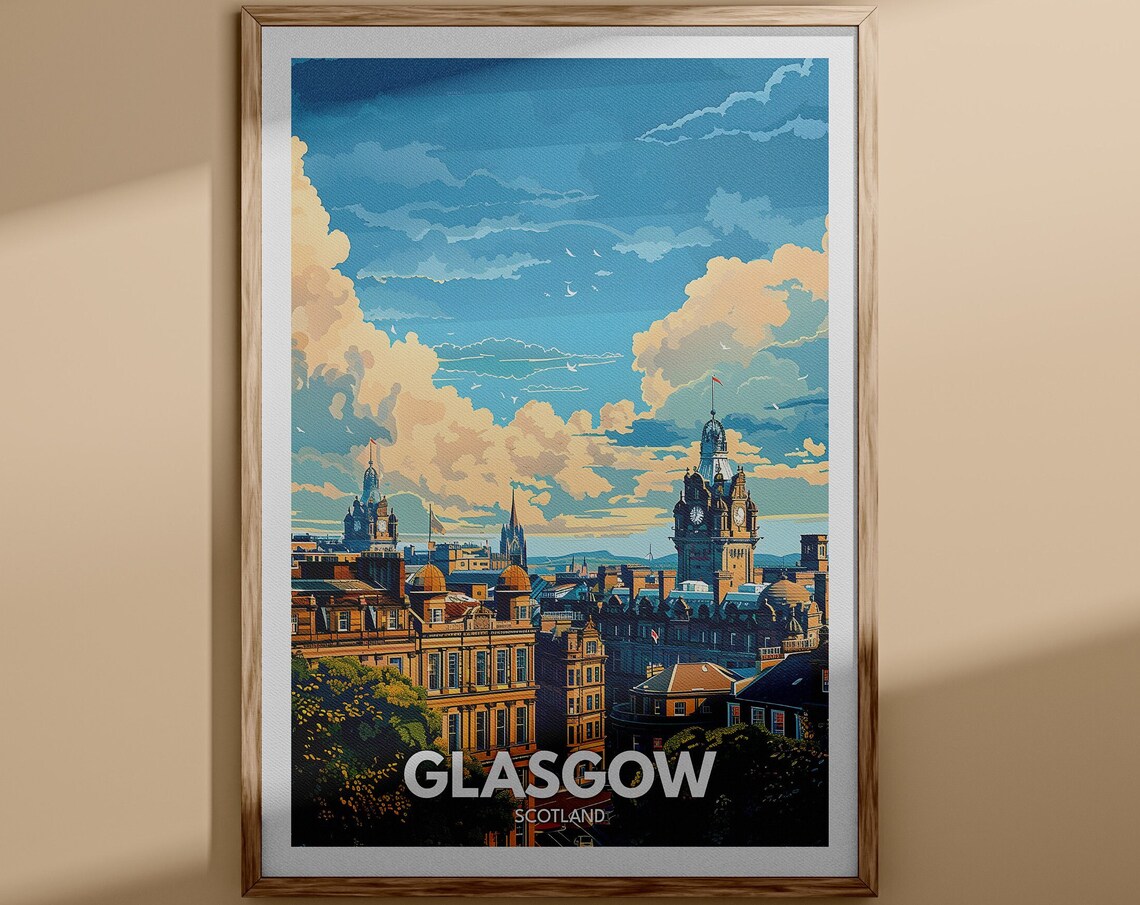 Glasgow Scotland Travel Poster City Skyline Clock Tower Vintage