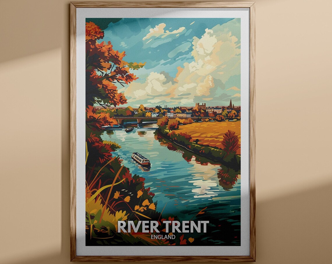 River Trent England Autumn River Boat Bridge Golden Scene Poster