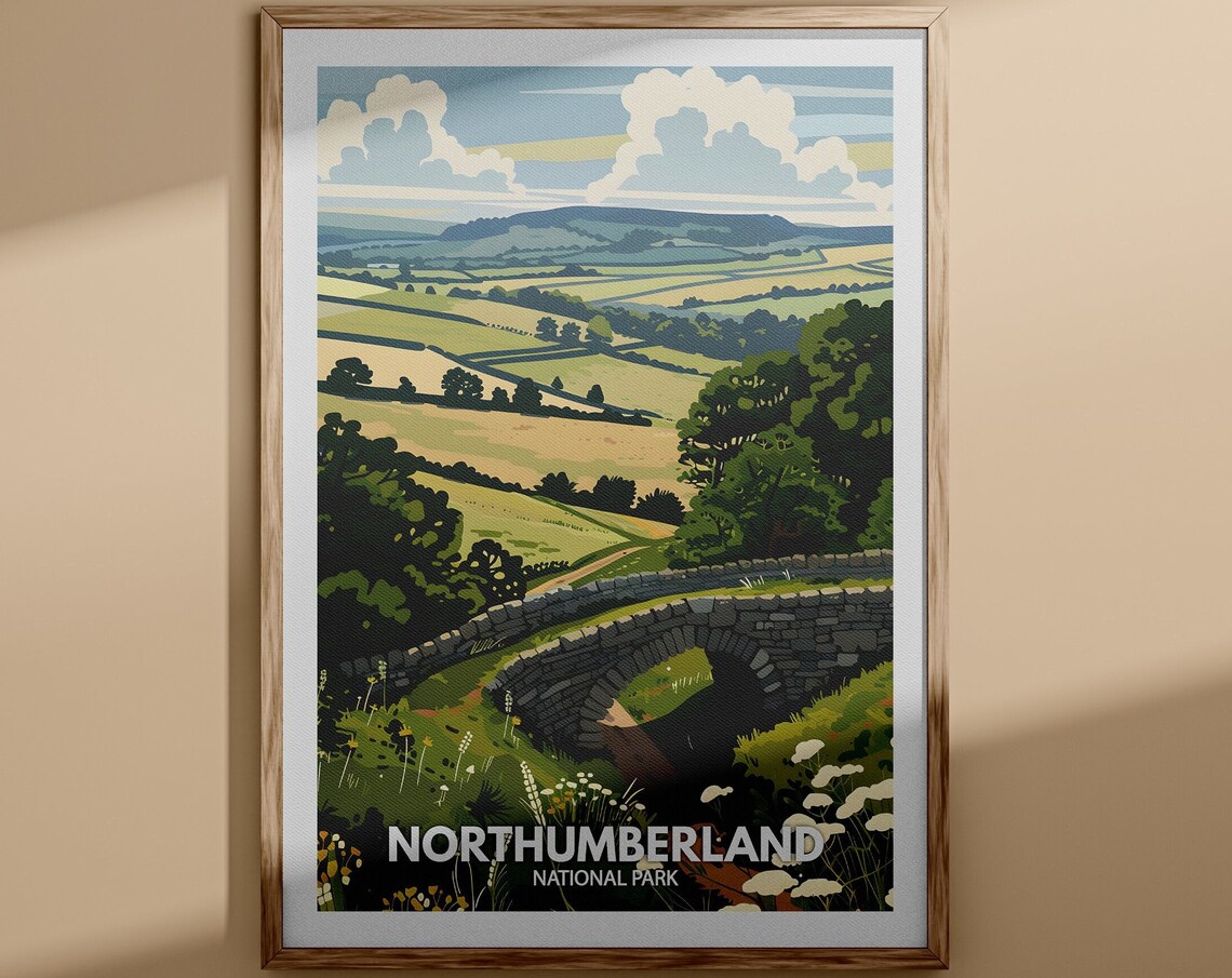 Northumberland National Park Travel Poster Stone Bridge Hills View
