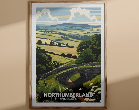 Northumberland National Park Travel Poster Stone Bridge Hills View