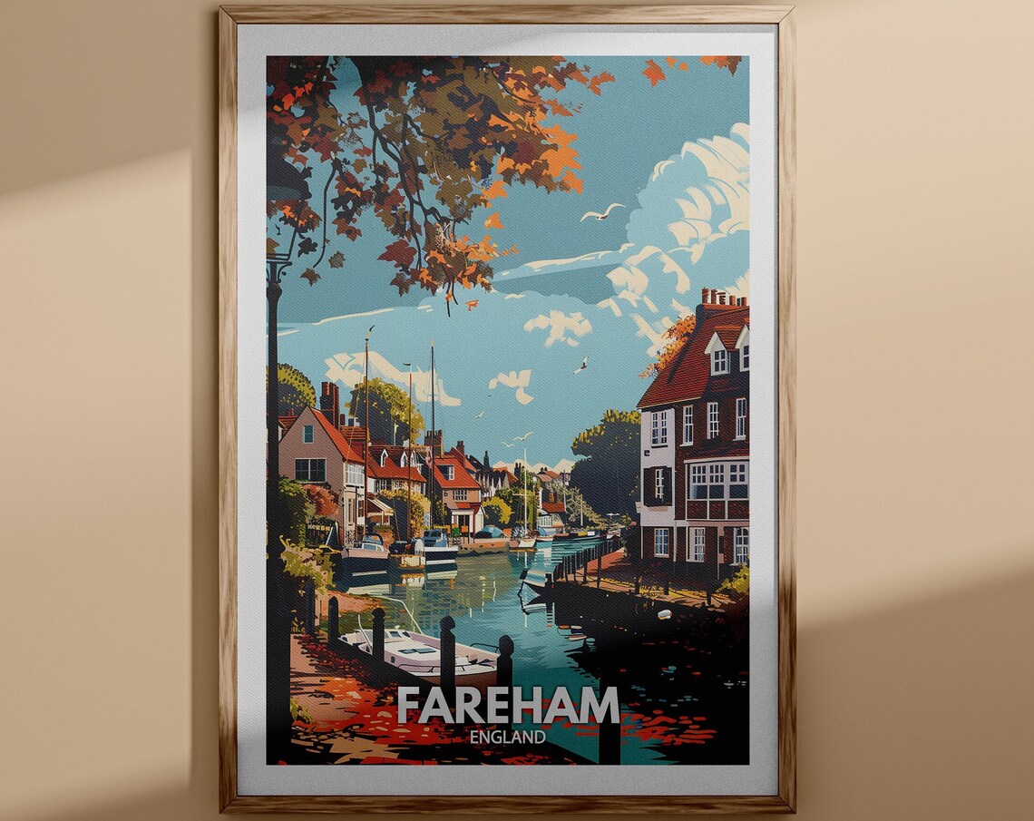 Fareham England Charming Autumn Quay Boats Calm Riverside Poster
