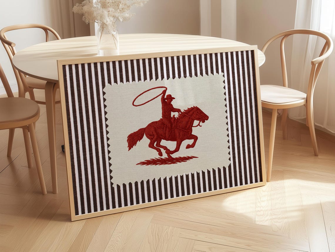 Rustic Red Cowboy Horse Rider Western Embroidery Wall Decor Poster