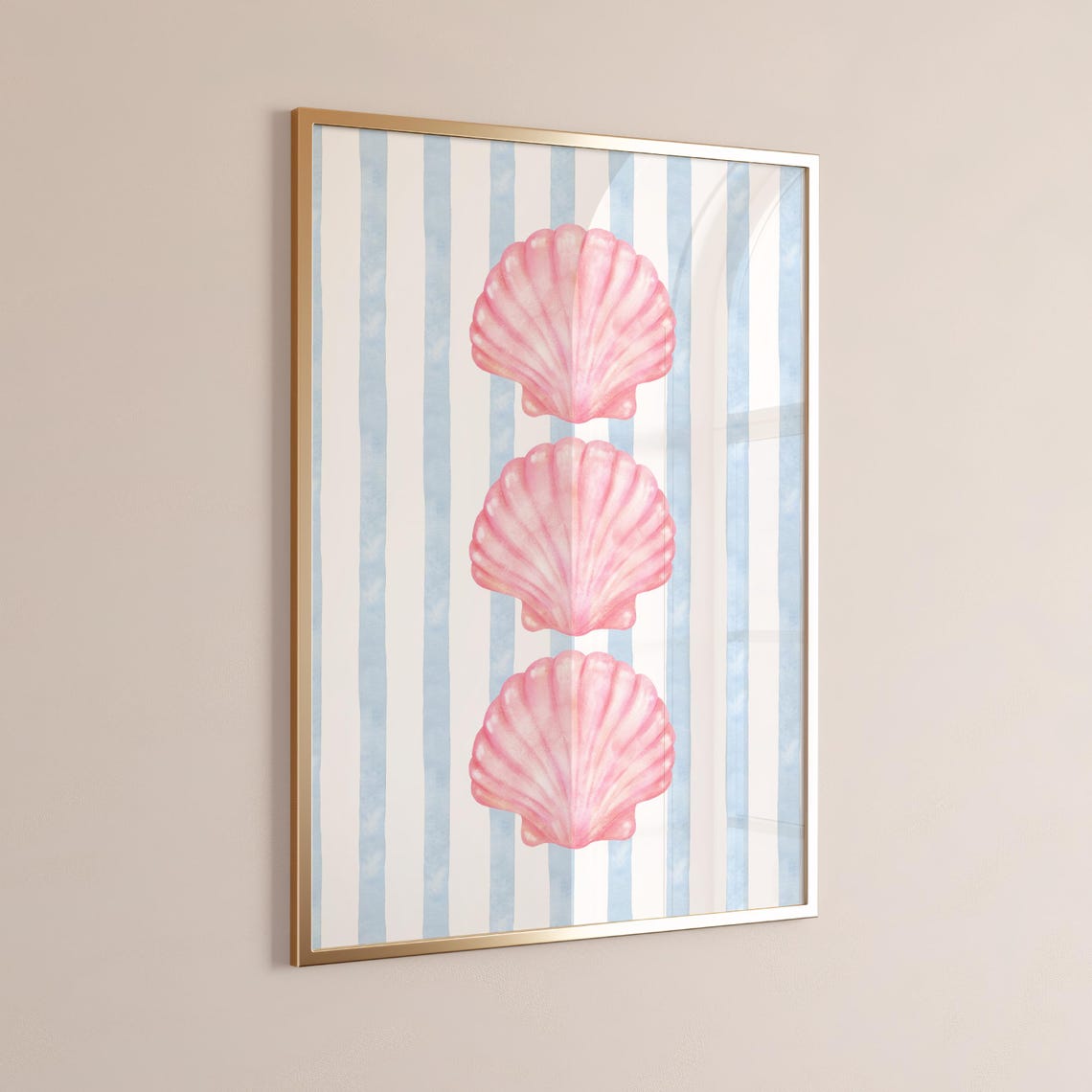 Pink Scallop Shells Blue Striped Coastal Beachy Decor Poster