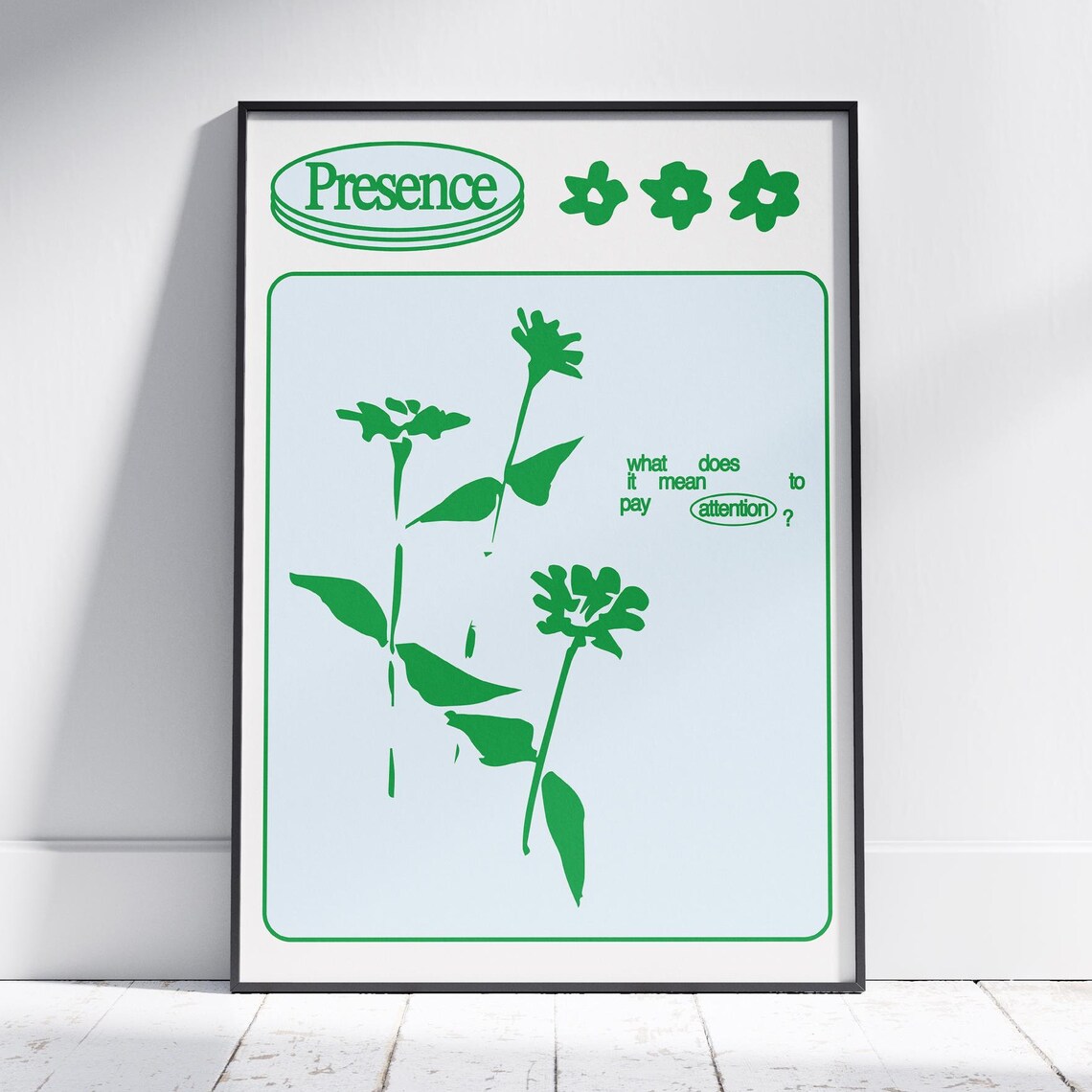 Presence Green Botanical Minimalist Mindfulness Quote Wall Poster