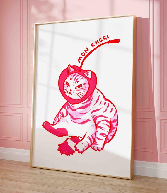 Mon Cheri Pink Cherry Cat Funny Kitten Poster Valentine Gift