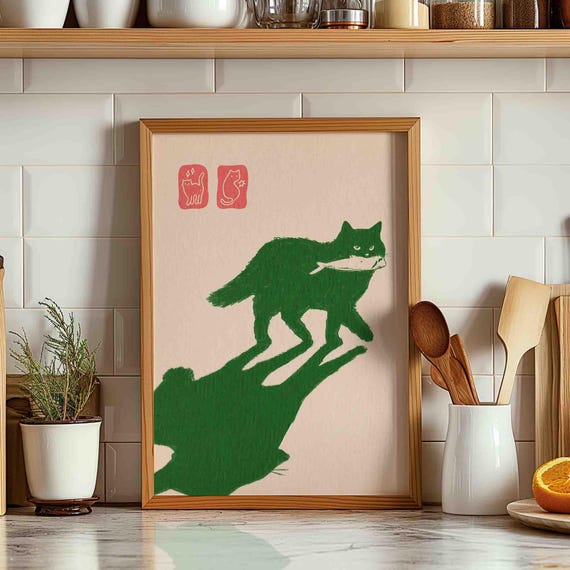 Cat Wall Green Print With A Fish Poster Funny Art Shipped Kitten Artwork Sardine