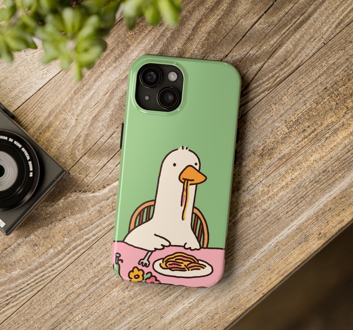 Silly Goose Eating Spaghetti Cartoon Green Phone Case Design Print
