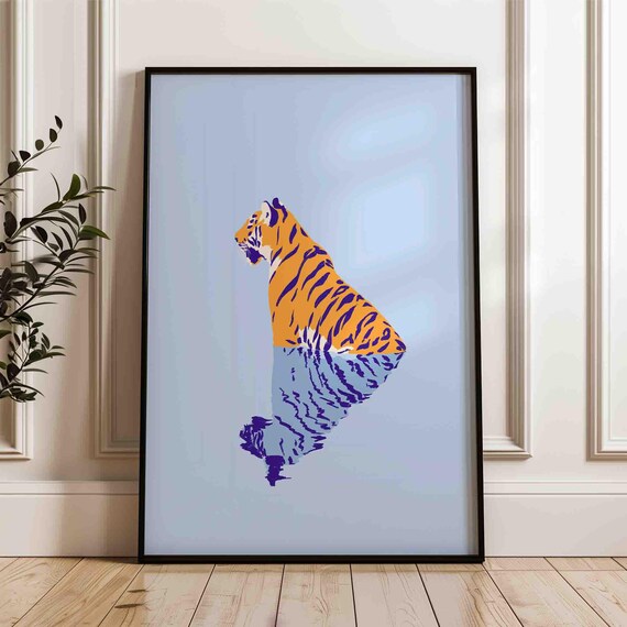 Tiger Wall Print Blue And Orange Poster Hand Drawn Sketch Coastal Shipped Art Beach Home Decor Dopamine