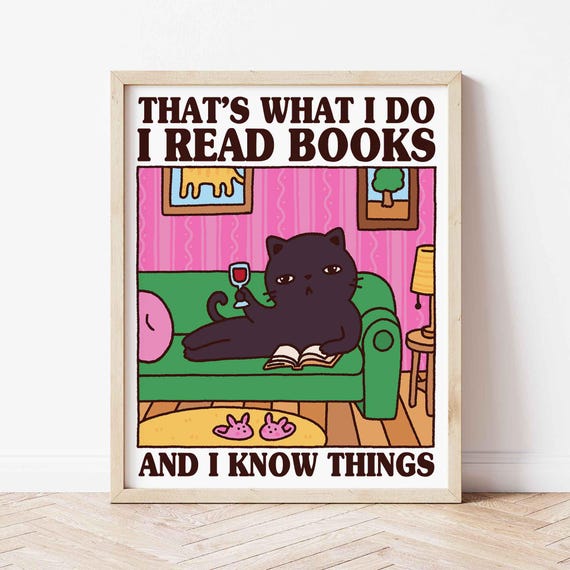Black Cat With A Book On Sofa Cute Quirky Print Bistro Poster Prints Gift For An Avid Reader Lover Art Funny Kitten Wine