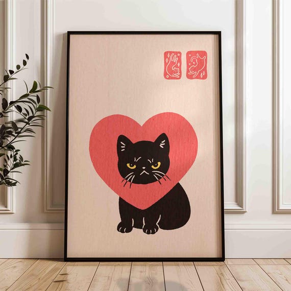Black Cat Heart Poster Minimalism Neutral Japandi Print Lovers Gift Japanese Vintage Wall Art Funny Kitten Trendy Decor