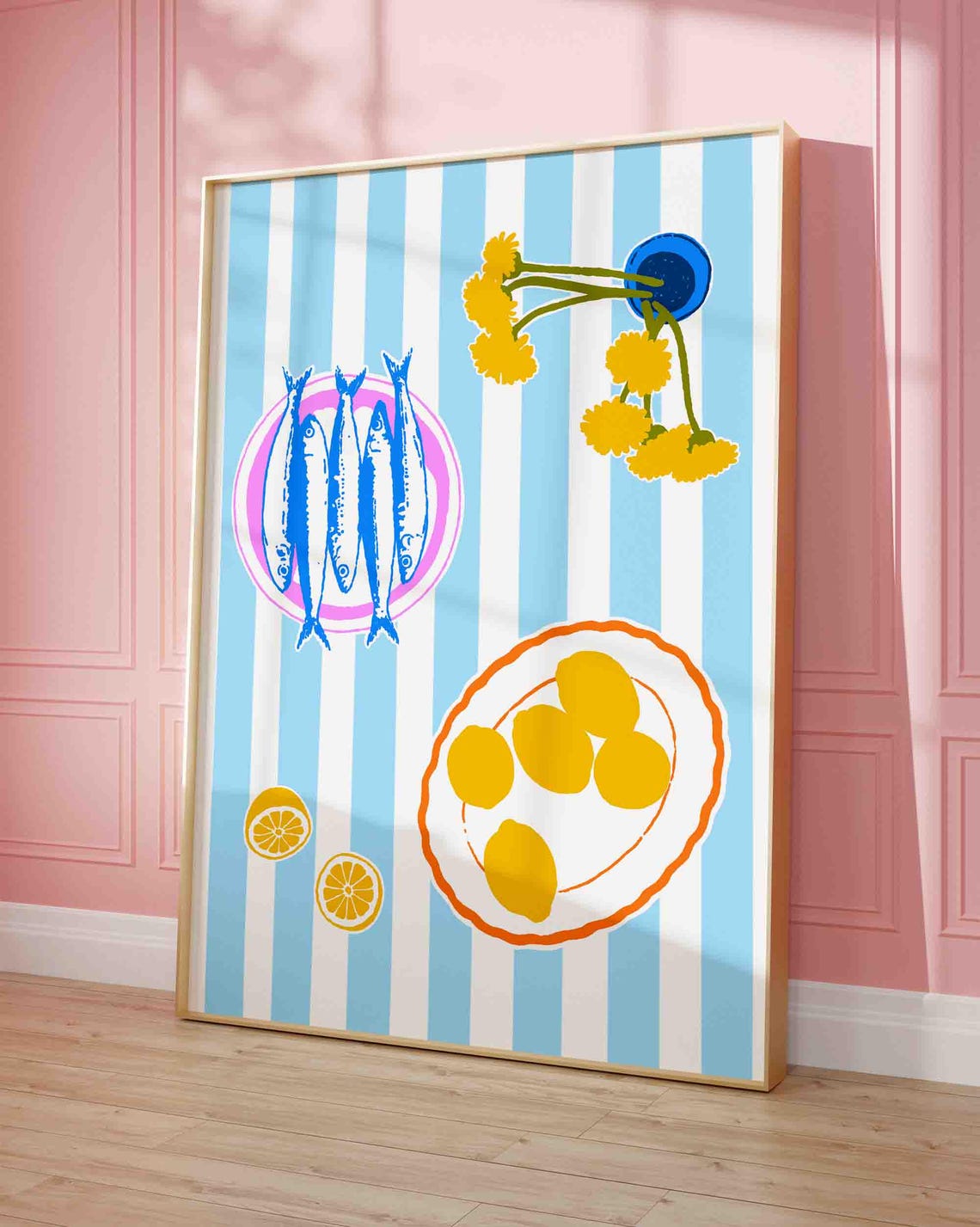 Sardine Plate Lemons Coastal Kitchen Retro Hand Drawn Art Poster