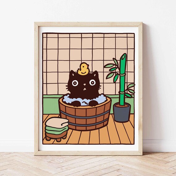 Black Cat Bath Time in a Wooden Onsen Tub with Duck Funny Poster