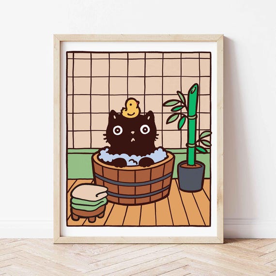 Black Cat Bathing Poster Minimalism Retro Japandi Print Lovers Gift Japanese Style Funny Kitten In An Onsen Bath Wall Art
