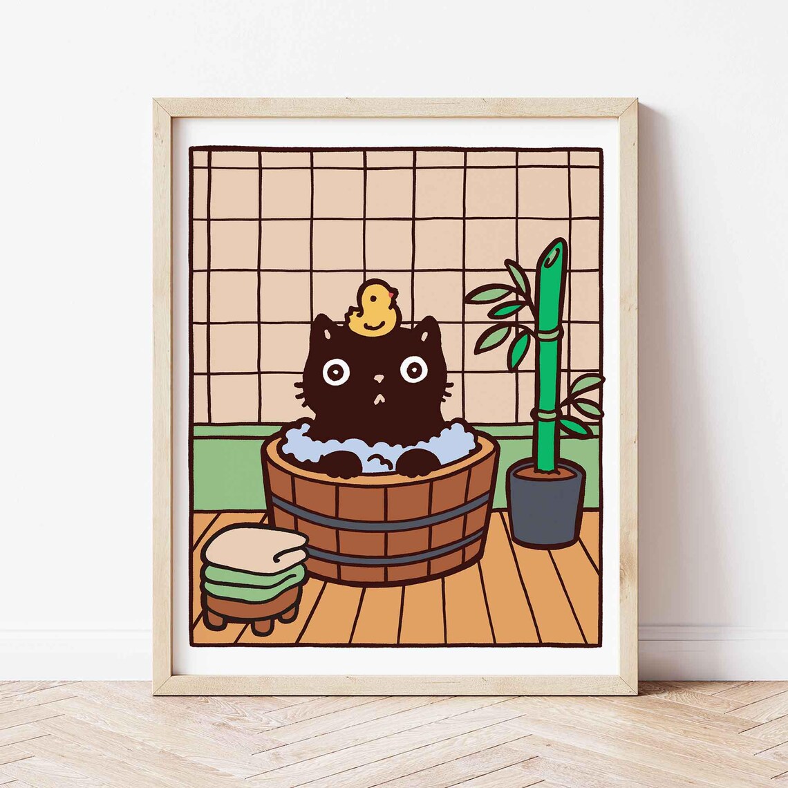 Black Cat Bath Time in a Wooden Onsen Tub with Duck Funny Poster
