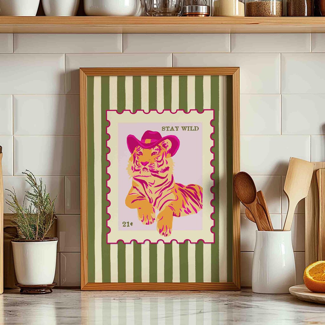 Tiger Wall Print, Pink and Orange Cowboy Cat Art