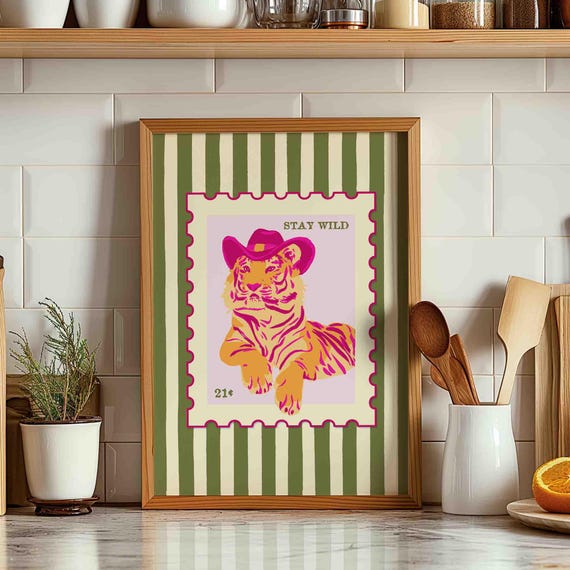 Tiger Wall Print, Pink and Orange Cowboy Cat Art