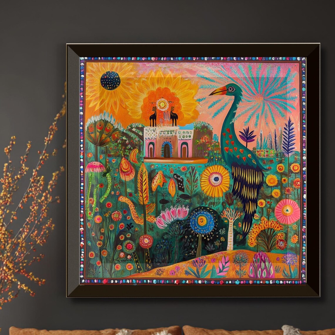Colorful Folk Art Crane Flowers Sunset Garden Whimsical Poster