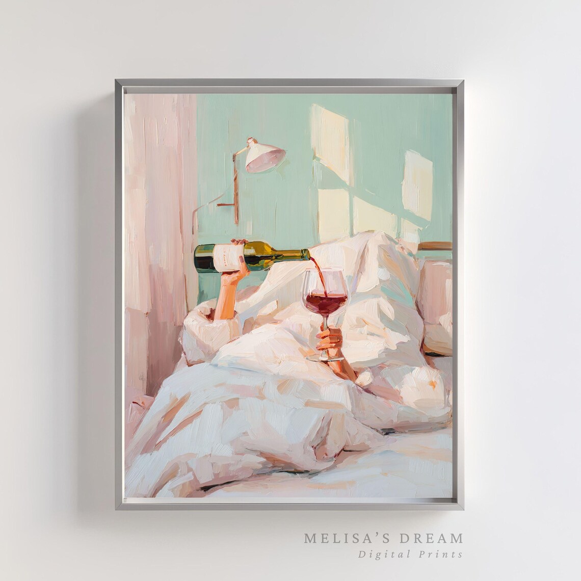 Woman Pouring Wine In Bed Pastel Cozy Bedroom Painting Poster