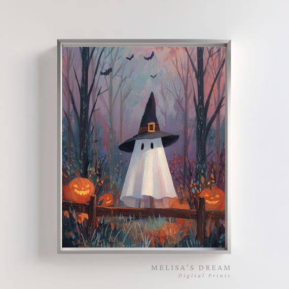 Halloween Wall Art Witch Spooky Pumpkin Forest Cute Home Decor Print