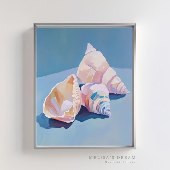 Pastel Seashell Still Life Art Print Conch Shells on a Blue Background