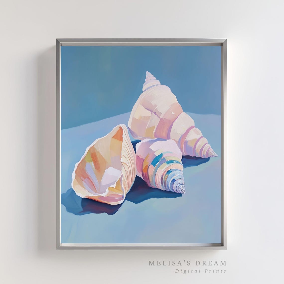 Pastel Seashell Still Life Art Print Conch Shells on a Blue Background