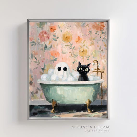 Cat Wall Art Cute Black And In Bathtub Whimsical Halloween Bathroom Decor Bubble Bath