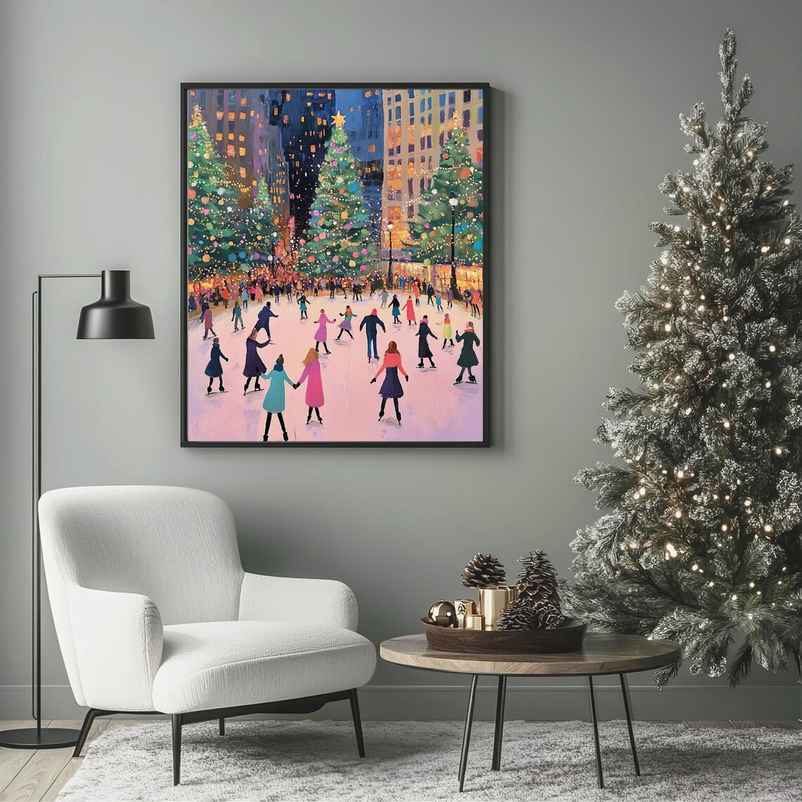 Christmas City Scene, Ice Skating Rink Poster Print - Image 4