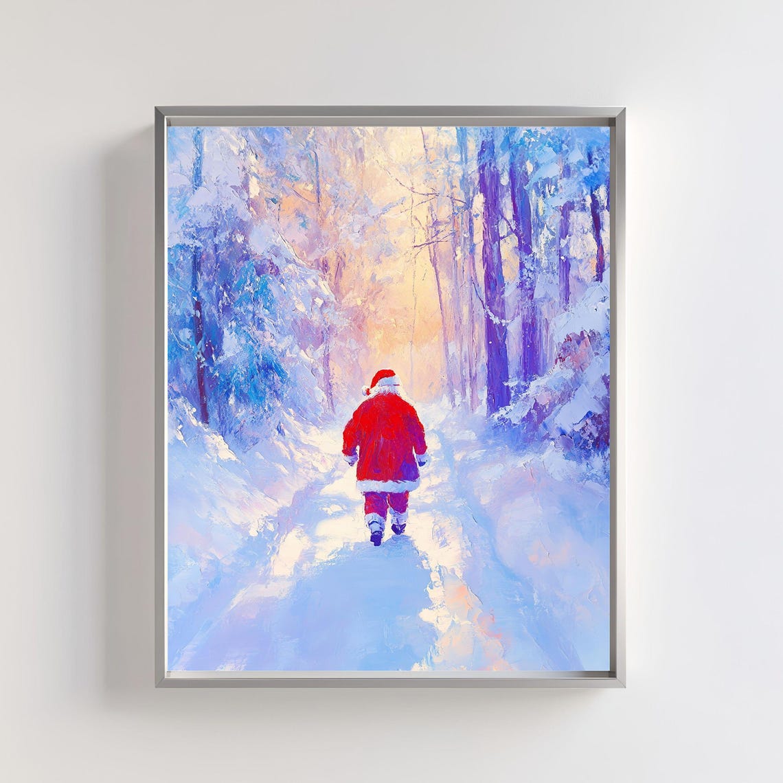 Santa Claus Walking Through Snowy Forest Christmas Eve Art Poster