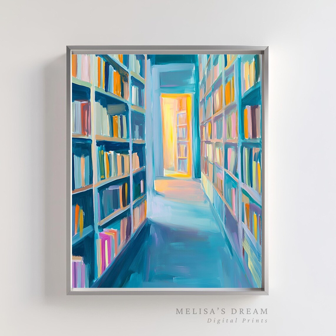 Colorful Bookshelf, Cozy Library Hallway Art Print
