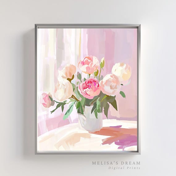 Pink Peony Wall Art Floral Pastel Bouquet Painting Romantic Flower Decor Blush Botanical