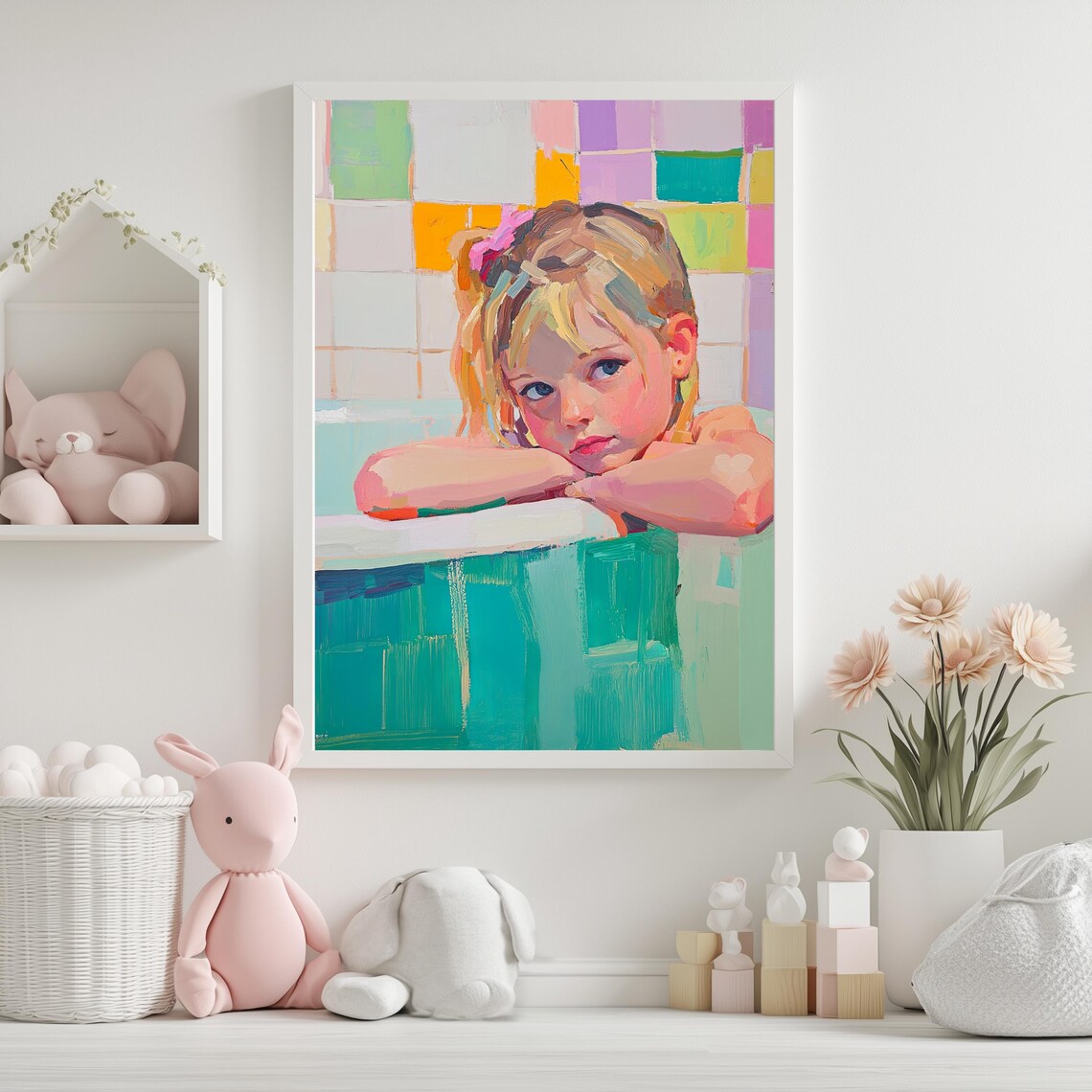Girl Bath Time Colorful Impressionist Kids Bathroom Art Poster - Image 2