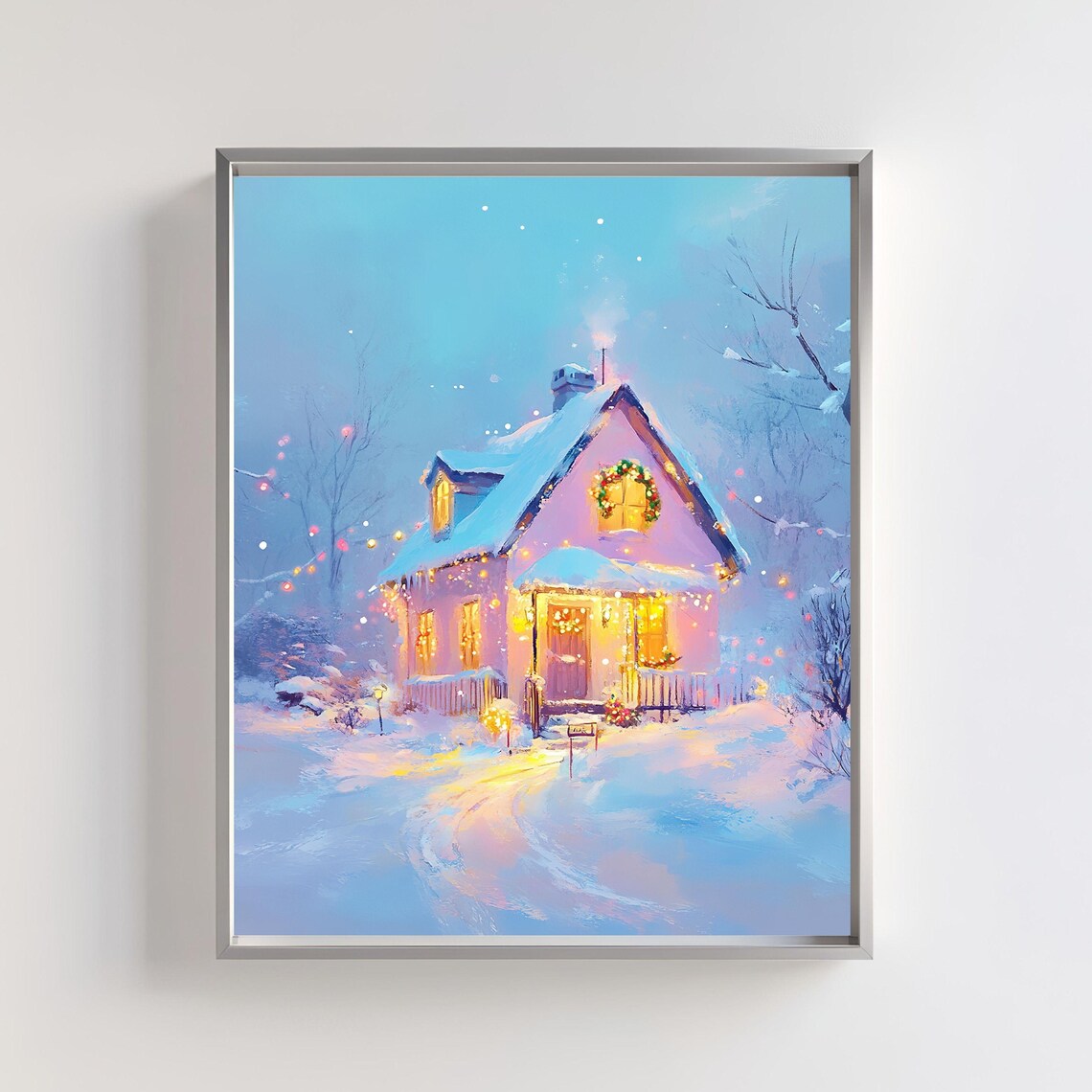 Cozy Christmas Cottage Art Print, Winter Wonderland