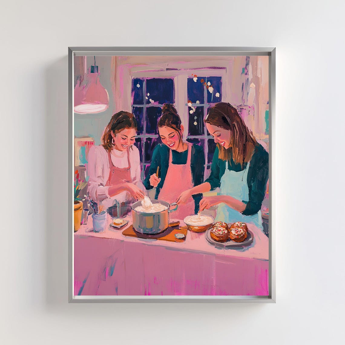 Three Friends Baking Together Cozy Pink Kitchen Painting Print